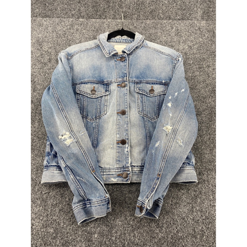 American Eagle Distressed Denim Trucker Jacket Womens Small Blue Cotton Vintage